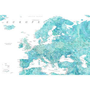 Mapa Detailed map of Europe in aquamarine watercolor, Blursbyai, (40 x 26.7 cm)