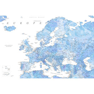 Mapa Detailed map of Europe in shades of blue watercolor, Blursbyai, (40 x 26.7 cm)