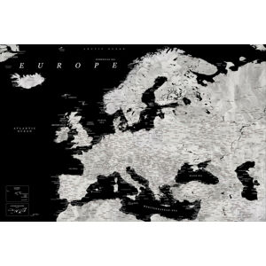 Mapa Black and grey detailed map of Europe in watercolor, Blursbyai, (40 x 26.7 cm)
