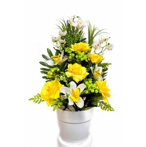 Umělá květina - růže v květináči - žlutá, 62 cm