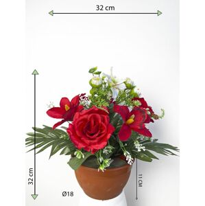 Dekorativní miska s umělou růží a orchidejí, červená, 32 cm
