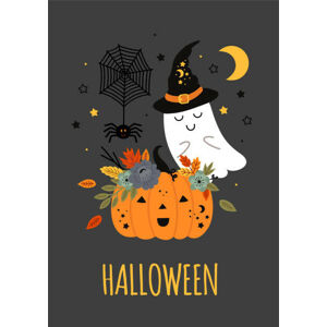 Umělecký tisk cute halloween poster with pumpkin, ghost and spider, nataka, (30 x 40 cm)