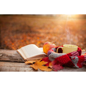 Umělecká fotografie Tea mug with warm scarf open book and apple, CherriesJD, (40 x 26.7 cm)