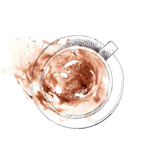Ilustrace Hand drawn cup of cappuccino, top view. Pencil sketch with watercolor stain, bokasin, (40 x 40 cm)