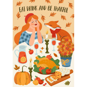 Ilustrace Happy Thanksgiving illustration. Cute lady with fox at festive table. Vector design for card, poster, flyer, web and other, Nadezda_Grapes,