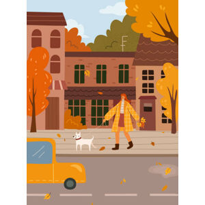 Ilustrace Autumn mood landscape. Woman walking with dog on leash on city town street. Fall scenery season. Fun outdoors, flat cartoon vector illustrat