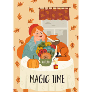 Ilustrace Cute girl with a fox. Autumn fairy tale illustration. Vector design for card, poster, flyer, web and other., Nadezda_Grapes, (30 x 40 cm)