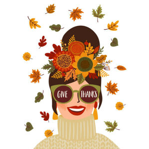 Ilustrace Happy Thanksgiving isolated illustration. Cute lady in wreath and glasses. Vector design for card, poster, flyer, web and other, Nadezda_Gra