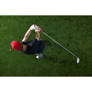 Umělecká fotografie A golfer swinging a golf club, overhead view, fStop Images - Halfdark, (40 x 26.7 cm)