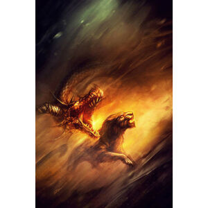 Umělecký tisk fantasy dragon and panther baring their teeth, Roman Kybus, (26.7 x 40 cm)