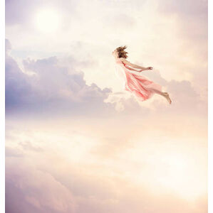Umělecký tisk Girl in a pink dress flying through the sky, Melpomenem, (40 x 40 cm)
