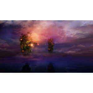 Umělecký tisk Fantastic night landscape with flying islands, ConceptCafe, (40 x 22.5 cm)