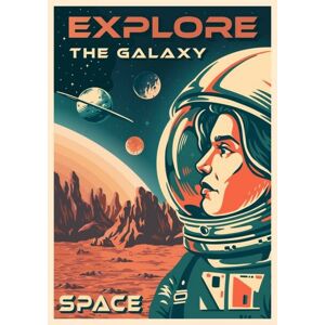 Ilustrace Woman astronaut vintage flyer colorful, IMOGI, (30 x 40 cm)