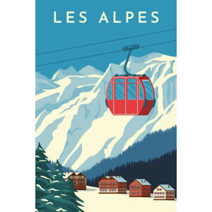 Ilustrace Ski resort with red gondola lift,, Rinat Khairitdinov, (26.7 x 40 cm)