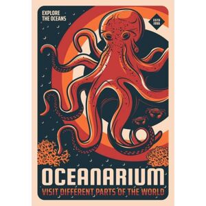 Umělecký tisk Octopus in oceanarium aquarium retro vector banner, seamartini, (26.7 x 40 cm)