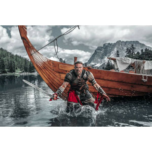 Umělecký tisk Viking Warrior sailing on a fjord, Lorado, (40 x 26.7 cm)