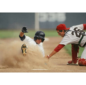 Umělecká fotografie Baseball player sliding into home plate,, David Madison, (40 x 26.7 cm)
