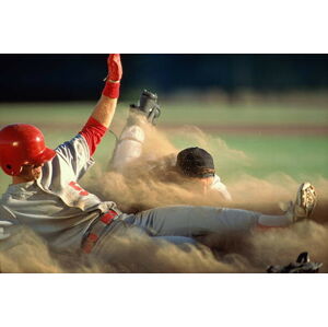 Umělecká fotografie Baseball, player sliding into home plate,, David Madison, (40 x 26.7 cm)