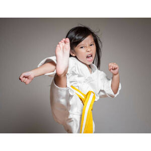Umělecká fotografie Gold Belt Karate Pose Kick, mvt, (40 x 30 cm)