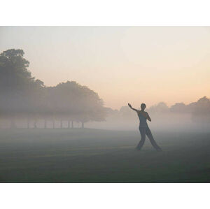 Umělecká fotografie Woman practicing yoga in foggy field, Tom Merton, (40 x 30 cm)