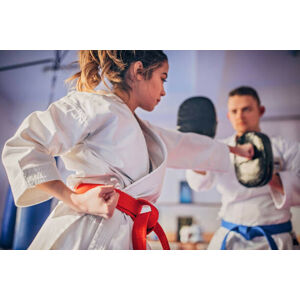 Umělecká fotografie Female karate player practicing with trainer, South_agency, (40 x 26.7 cm)
