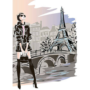 Ilustrace Fashion woman in Paris near Eiffel Tower, glafira, (30 x 40 cm)