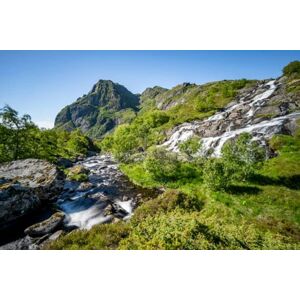 Umělecká fotografie Lofoten waterfall on the hiking trail, imageBROKER/Mara Brandl, (40 x 26.7 cm)