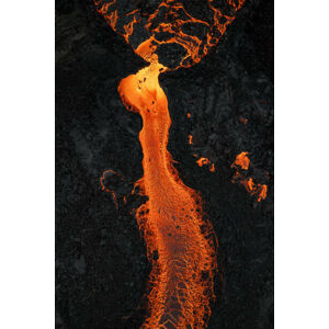 Umělecká fotografie Drone image looking down on a lava river, Iceland, Abstract Aerial Art, (26.7 x 40 cm)