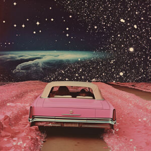 Ilustrace Pink Cruise in Space Collage Art, Samantha Hearn, (40 x 40 cm)