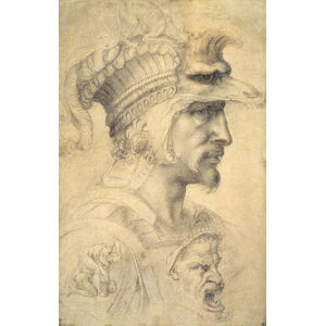 Michelangelo (after) Buonarroti - Obrazová reprodukce Ideal head of a warrior, (24.6 x 40 cm)