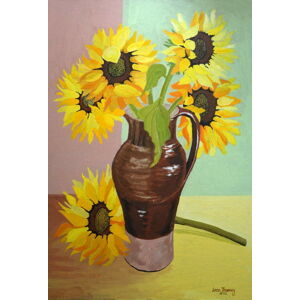 Joan Thewsey - Obrazová reprodukce Five Sunflowers in a Tall Brown Jug,2007, (26.7 x 40 cm)
