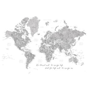 Mapa We travel not to escape life, gray world map with cities, Blursbyai, (40 x 26.7 cm)