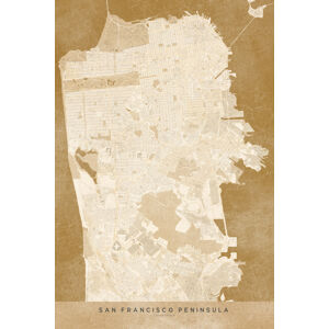 Mapa Map of San Francisco Peninsula in sepia vintage style, Blursbyai, (26.7 x 40 cm)