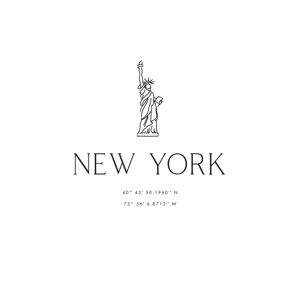 Ilustrace New York city coordinates with Statue of Liberty, Blursbyai, (26.7 x 40 cm)