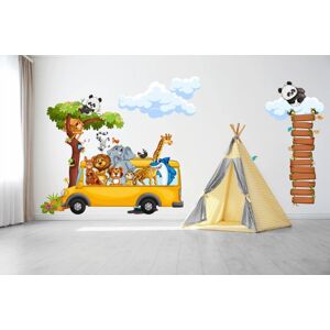 Nálepka na zeď pro děti veselé safari zvířátka v autobuse 150 x 300 cm