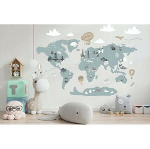 Moderní dětská nálepka na zeď v jemné pastelové barvě mapa světa 80 x 160 cm