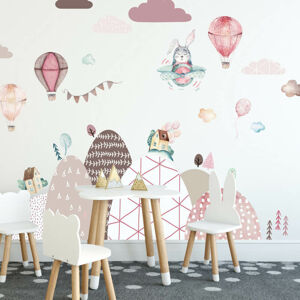 Samolepky na zeď - Kopce a balóny v růžovém